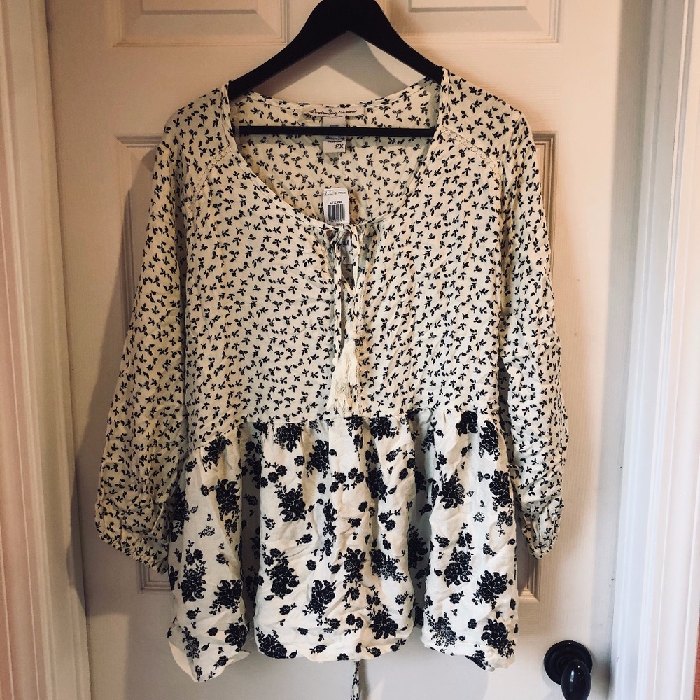 Creme and Black Tie Plus Size Blouse